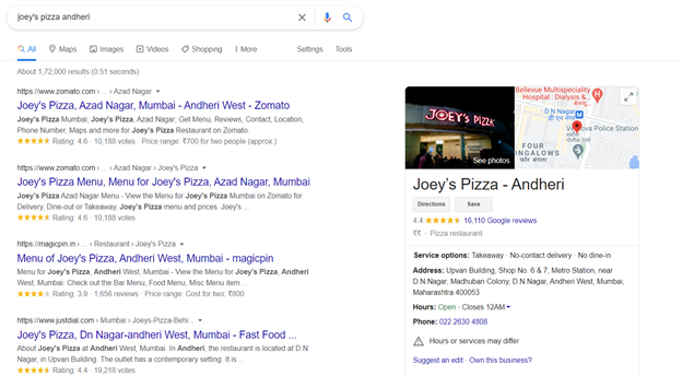 Google knowledge panel joy pizza